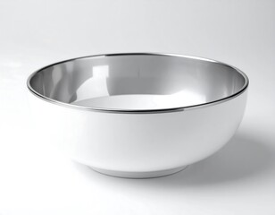 Close-up of a glossy white bowl with a reflective silver rim, on a clean, white background