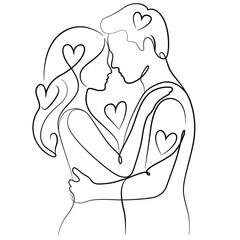 A loving couple embracing in a continuous line drawing with hearts