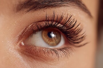 Obraz premium Glimpse of glamour: close-up eye with extended lashes and warm tones