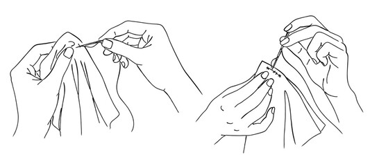 布を縫う手のイラストセット（裁縫・手芸）,針仕事,手縫い,繕い,修理,シンプル,ベクター