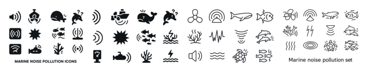 Marine noise pollution icons set with sea creatures and sound wa