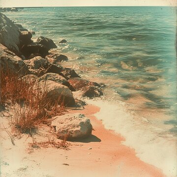 Retro-Toned Beach Landscape with Rocks and Sand - Vintage Coastal Background