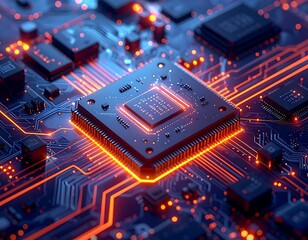 Close-up of a central processing unit (CPU) chip illuminated with vibrant orange lights