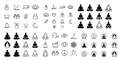Naklejka premium Meditation and yoga icon set: buddha, yoga poses, meditation sym