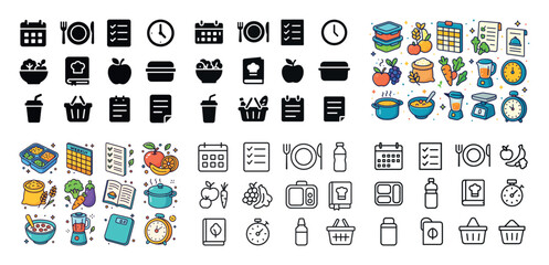 Meal planning icons: calendars, food, containers, and kitchen il
