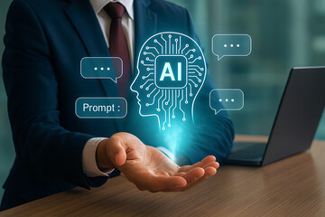 Businessman holding a glowing human head with ai circuits and a prompt bubble, illustrating the concept of artificial intelligence chat, prompt engineering, and human-machine interaction