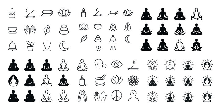 Meditation and yoga icon set: buddha, yoga poses, meditation sym
