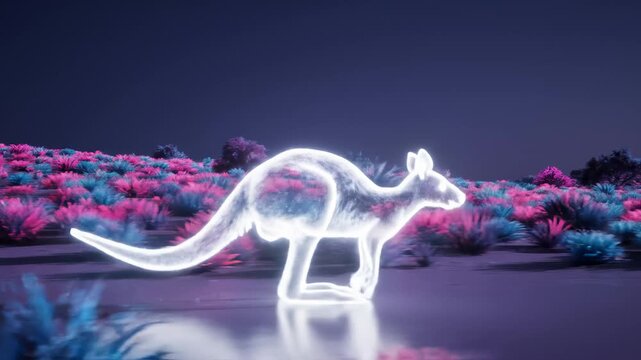 Glowing Kangaroo Leaping Across Surreal Alien Landscape