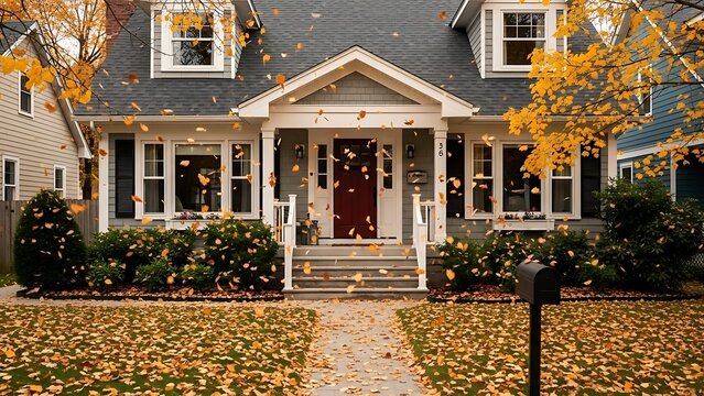A charming two-story house with a red door and a porch, surrounded by vibrant autumn leaves falling onto the lawn and pathway.