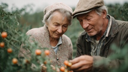 Elderly couple in a garden. the woman is on the left side of the image, wearing a tweed jacket and a cap with a floral pattern.