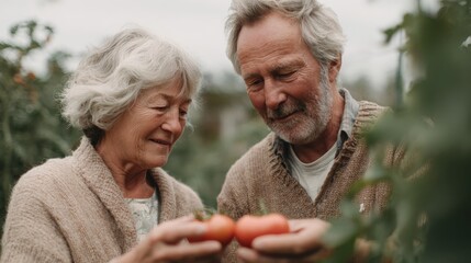 Elderly couple in a garden, holding two tomatoes in their hands.