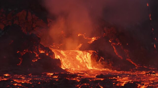 Glowing molten lava flows down a dark volcanic rock formation during an active eruption, emitting thick smoke and steam.