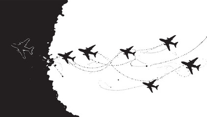 Airplane Flight Path and Route Line Black Silhouette Concepts