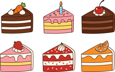 A delightful vector set of six colorful layer cake slices with hand-drawn outlines and toppings like strawberry, cherry, and orange, perfect for birthday parties and dessert menus