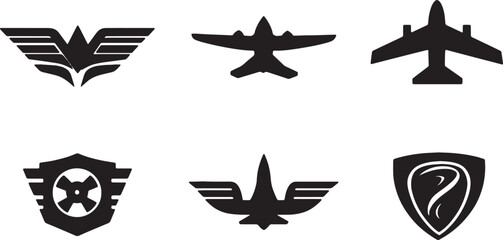 Fototapeta premium Airplane and Aviation Symbol Black Silhouette Emblem Set