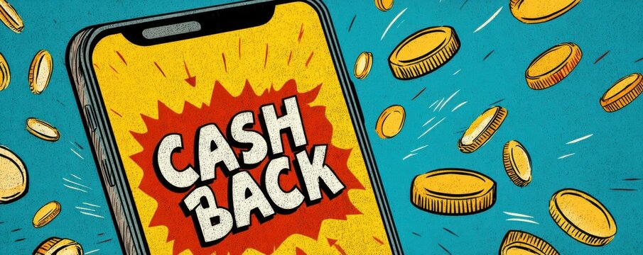 Colorful illustration of a smartphone advertising cashback rewards with flying coins