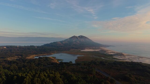 Monte Louro Mountain At The Northern End Of The R&iacute;a de Muros And Noia In A Coruna, Spain. Aerial Drone Shot