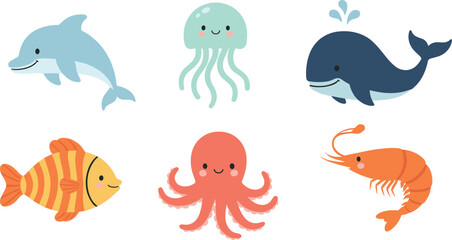 A delightful vector collection of six cute cartoon marine animals, including a dolphin, whale, jellyfish, fish, octopus, and shrimp, perfect for children's education and aquatic design themes