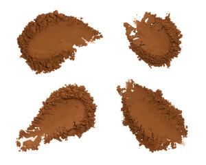 Organic cocoa powder sample on white background. Pile of ground cocoa powder ingredient