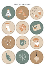 set of round winter stickers
