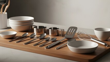 Obraz premium Minimal Still Life of Unbranded Kitchen Tools on a Wooden Board