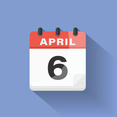 Calendar date icon April 6 flat design long shadow red blue digital reminder schedule graphic