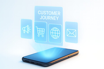 Digital customer journey roadmap interface with e-commerce icons like megaphone, shopping cart, globe, and envelope floating above a smartphone screen, representing online business strategy