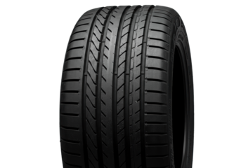 ultra-detailed matte black radial car tire, aggressive tread showing deep sipes and wide grooves, directional rim lighting against a transparent background. concept of car service and maintenance