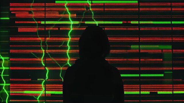 Chaotic lines of virus code with glitches concept. A silhouette against a vibrant display of digital patterns and lightning effects.
