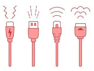 USB Type-C・USB Type-A・LANケーブル・HDMIケーブルのイラスト　赤