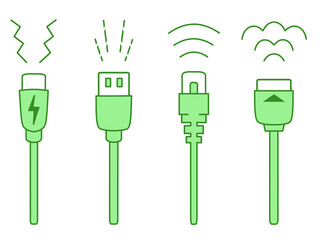 USB Type-C・USB Type-A・LANケーブル・HDMIケーブルのイラスト　緑