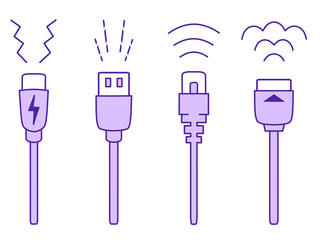 USB Type-C・USB Type-A・LANケーブル・HDMIケーブルのイラスト　紫