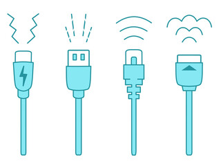 USB Type-C・USB Type-A・LANケーブル・HDMIケーブルのイラスト　青