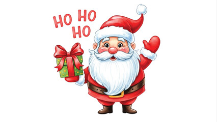 Cute Santa Claus Ho Ho Ho Illustration Holding Christmas Gift
