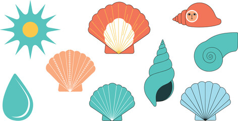 A decorative vector collection featuring various colorful flat-style sea shells, a sunburst, and a water drop, perfect for ocean themes, beach design, and marine life graphics