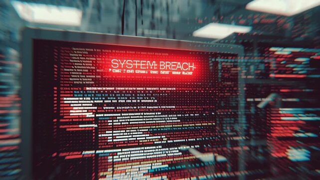 Chaotic lines of virus code with glitches concept. A computer screen displays distorted data in a dimly lit tech environment.