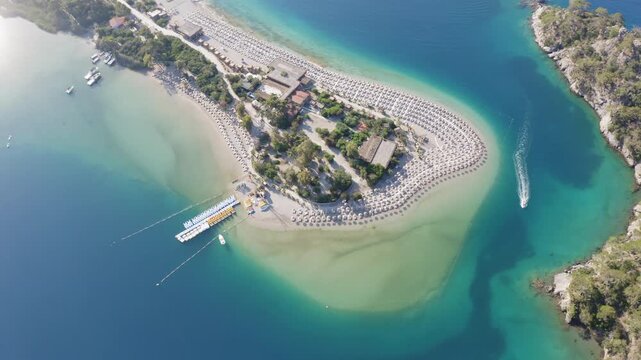 Aerial view of beach and coast in the blue mediterranean sea, Oludeniz, Fethiye, Turkey