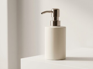 Obraz premium Minimalist Soap Dispenser on White Surface in Modern Bathroom Setting with Natural Light and Soft Focus