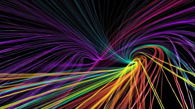 Chaotic lines of virus code with glitches concept. Vibrant, colorful streaks intersecting on a dark background create a dynamic visual.