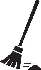 A simple black silhouette depiction of a broom and dust pile