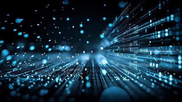Chaotic lines of virus code with glitches concept. Dynamic blue lines symbolize data flow and digital complexity in a dark environment.
