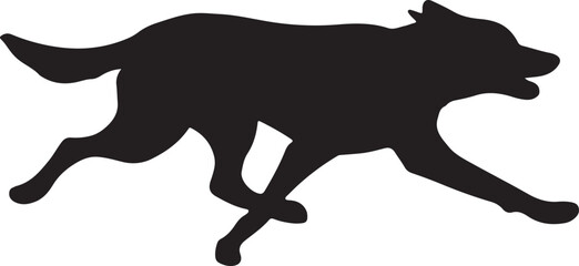 A silhouetted image of a dog running with outstretched front legs