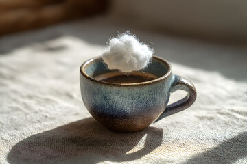 a cup of coffee with a tiny white cloud floating out of it
