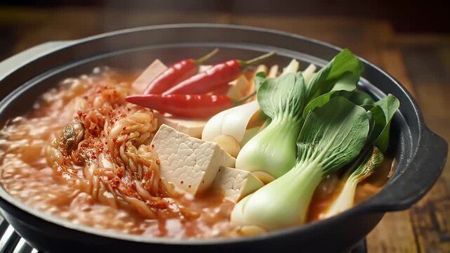Steaming Spicy Kimchi Hot Pot Bubbling with Tofu, Vegetables, Slow Macro Push-in on Rustic Tabletop