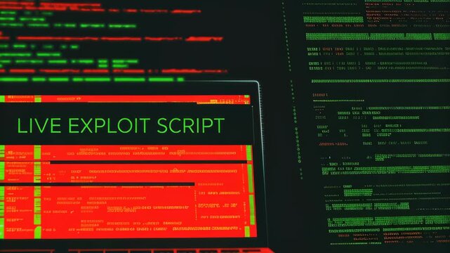 Chaotic lines of virus code with glitches concept. A computer screen displays a live exploit script with vibrant colors and digital noise.