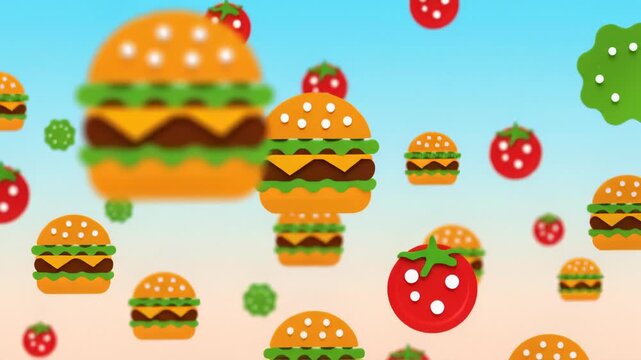 Cartoon Style Hamburgers and Tomatoes Floating on Colorful Gradient Background