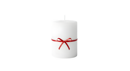 White pillar candle decorated with a small red ribbon bow, isolated on transparent background