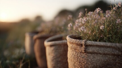 Row of three woven baskets with small pink flowers in them. the baskets are placed on a grassy field with a blurred background of greenery and hills.