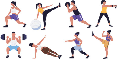 Fitness workout exercise illustration set featuring men and women doing strength training, stretching, cardio, and functional fitness movements