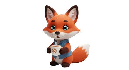 Obraz premium Cute cartoon 3d fox character wearing a blue vest, holding a white coffee mug with a small logo, isolated on transparent background